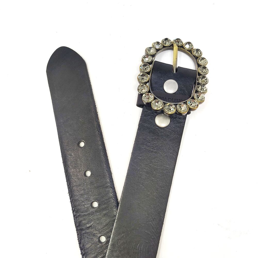 Martine Wester Belt Medium 38 Black Jeweled Rhinestone Leather Solid